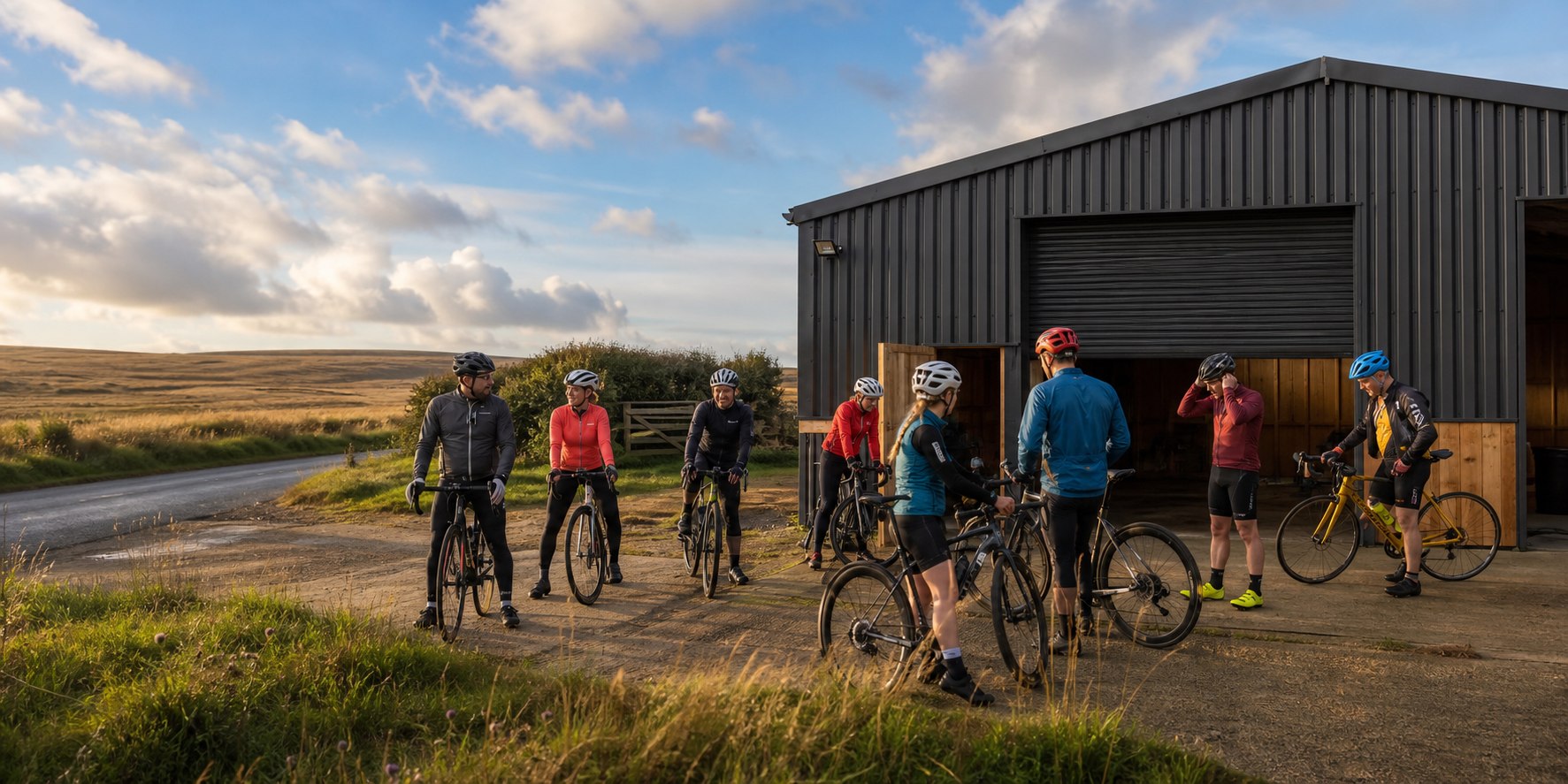 A club of triathletes preparing for a summer ride outside the Tri Camp Cymru barn