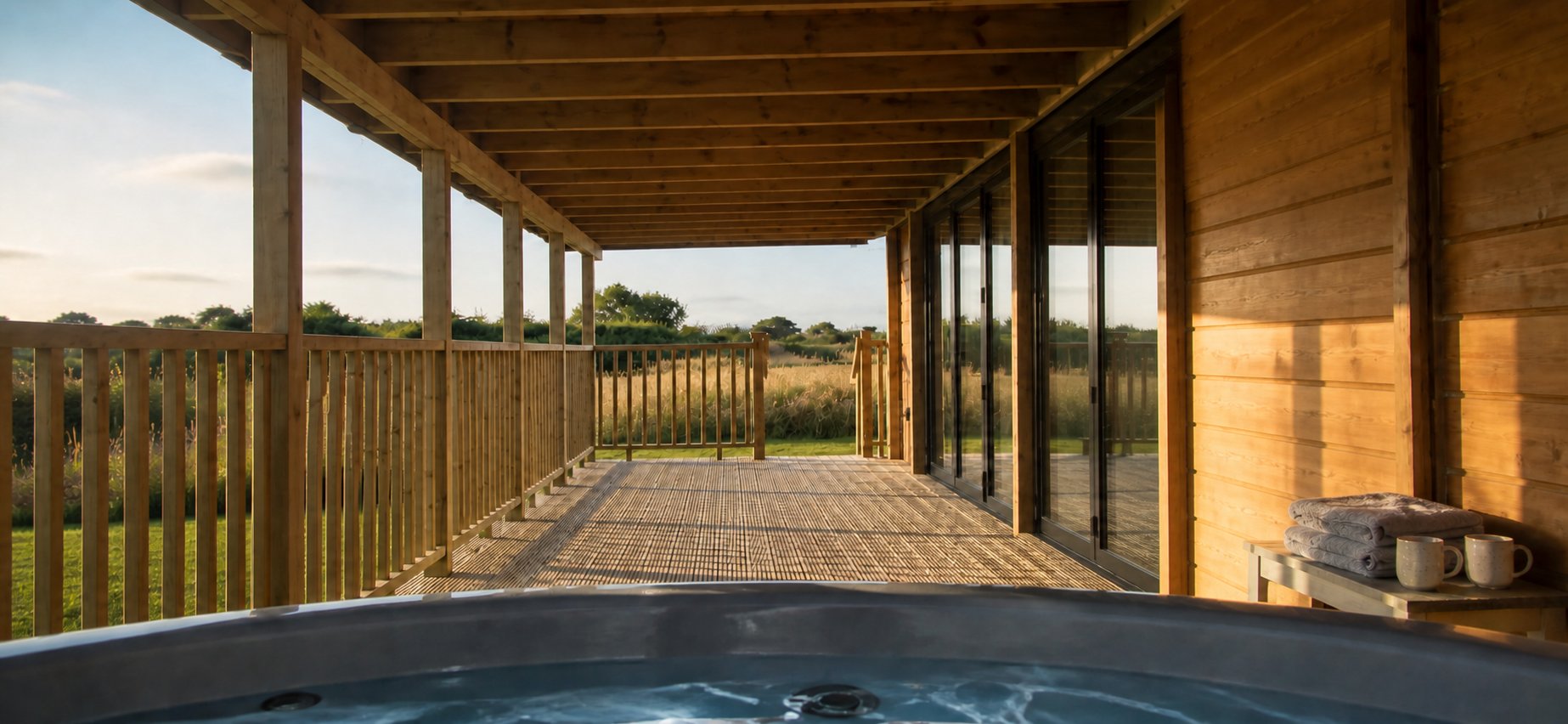 Hot tub on a sunlit timber deck overlooking open West Wales farmland